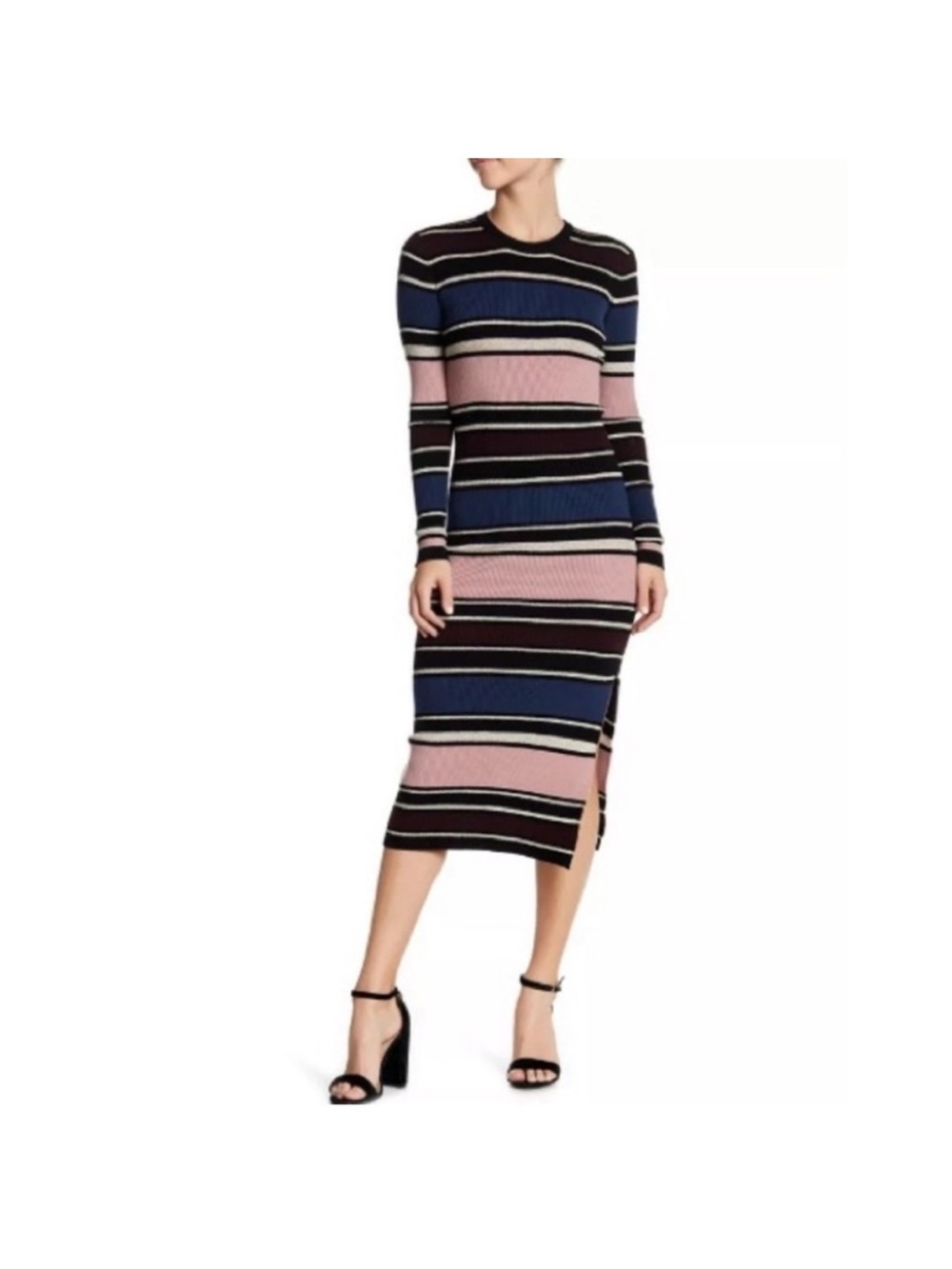 cupcakes & cashmere Striped Long Sleeve Midi Dress in Blue, Pink & Black